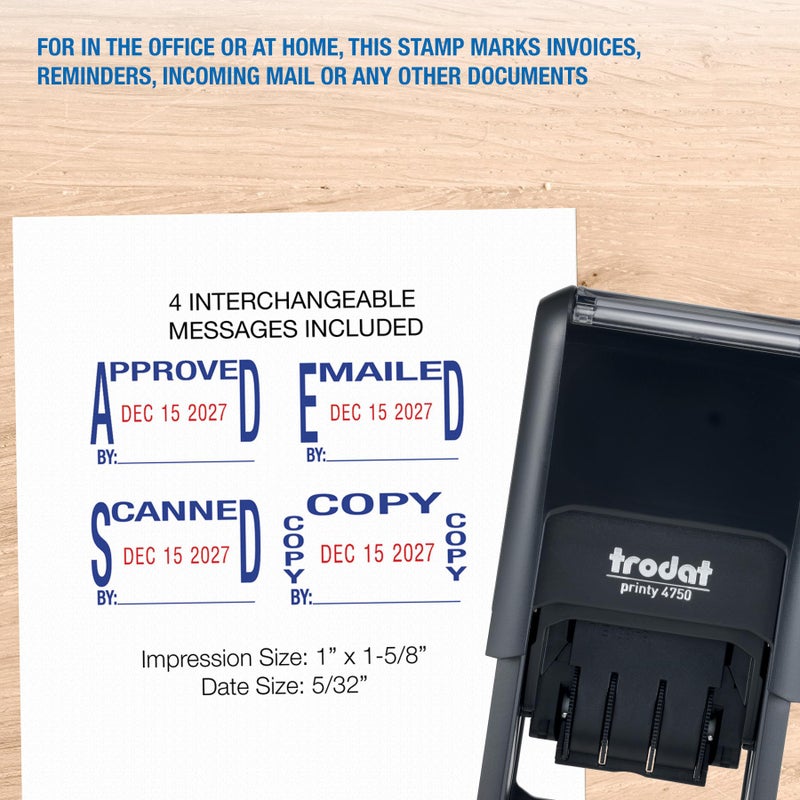 Trodat Printy 4750 Self Inking Date Stamp with Approved, Copy, EMAILED, Scanned â€“ Blue and Red Ink, 1" x 1-5/8" - Image 3